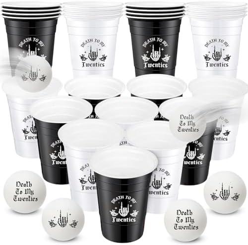 Seenelling 30th Birthday Games Include 22 Pcs 16 oz Death to My Twenties Plastic Cups and 8 Pcs Balls, Black and White Death to My Twenties Cups for 30th Birthday Rip 20s Party Decorations Supplies