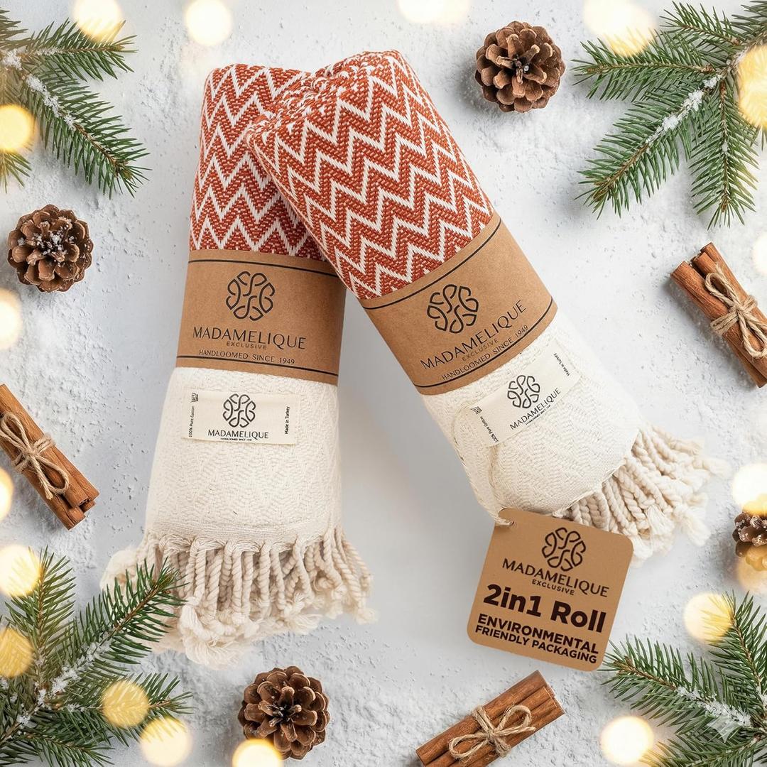 Madamelique Exclusive Hand Towels Set of 2-18 x 40 Inches - Decorative Bathroom Peshtemal Towel for Hand, Face, Hair, Yoga, Tea, Dishcloth, Kitchen and Bath - 100% Pure Cotton (Terracotta)