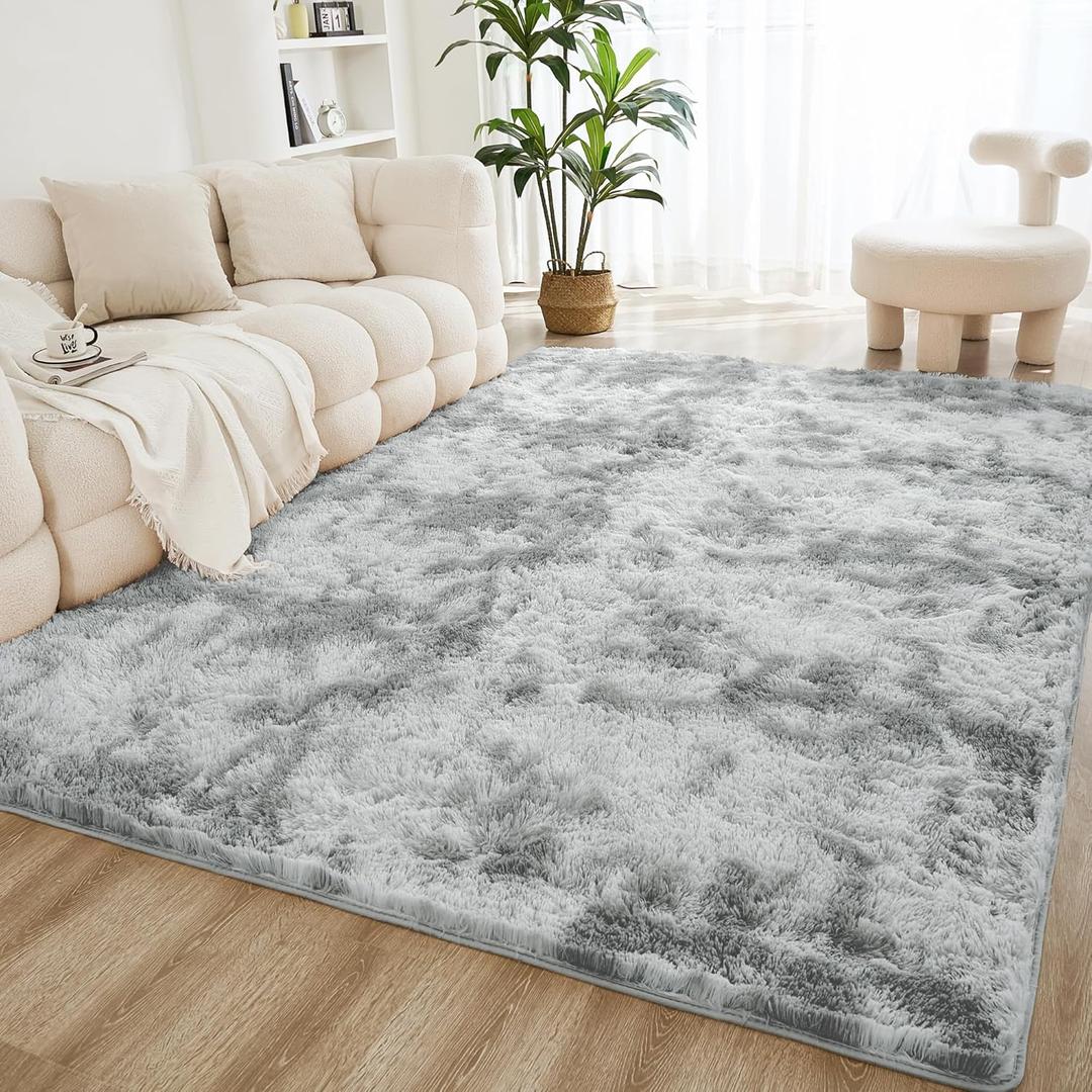 Litanika 3x5 Shag Area Rug for Living Room Bedroom, Tie-Dyed Light Grey High Pile Soft Plush Shaggy Furry Bedside Playroom Dorm Carpet, Non-Slip, Non-Shedding Modern Indoor Floor Rug