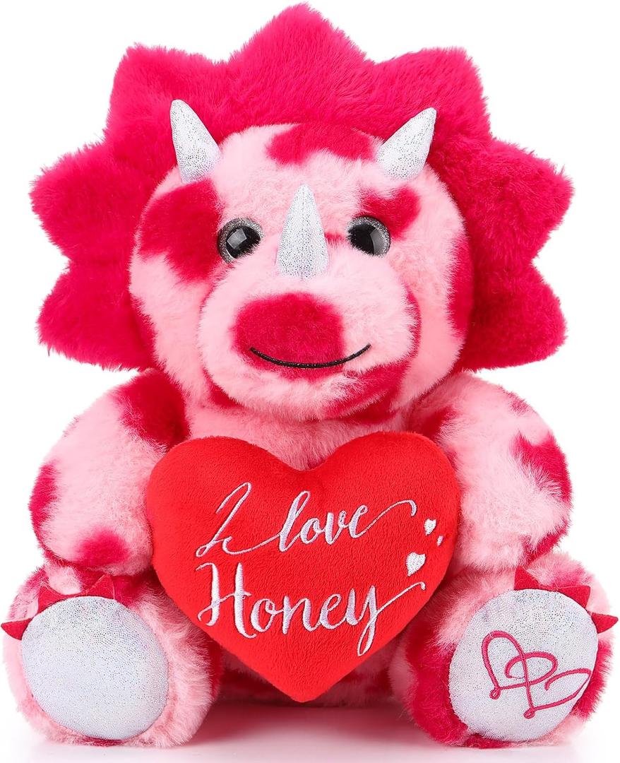 Kasyat Valentine Gift 12' Big Triceratops Stuffed with Heart Cute Plush Animal Valentine Soft Dinosaur Pink Romantic Gift Adorable Home Decoration for Birthday Anniversary Girlfriend Boyfriend Lover