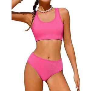 URMAGIC Girls Two Piece Swimsuits Ribbed Bikini Sets Swimming Bathing Suit Beach Sport Athletic Teen Girls Swimwear, Rose Red 9-10yrs