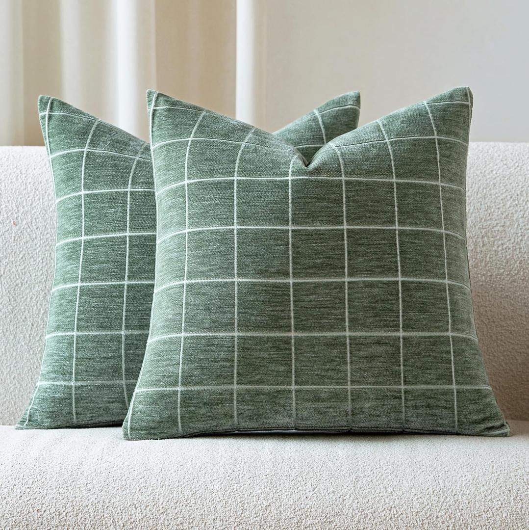 Decorative Chenille Plaid Throw Pillow Covers  Set of 2 Vintage Check Couch Pillows Neutral Boho Farmhouse Cushion Covers Modern Home Decor for Sofa Bed Living Room Sage Green 16×17inch