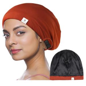 YANIBEST 100% Mulberry Silk Lined Sleep Cap Silk Bonnet for Sleeping - Orange Hair Cover Bonnet for Natural Hair Adjustable Slouchy Beanie Hat