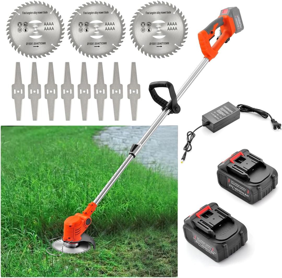 MAXMAN Weed Wacker, Weed Eater 21V 2 Pcs 4.0A Battery Powered, Cordless Brush Cutter, Grass Trimmer, Weedeater, Lightweight Trimmer Edger Lawn Tool for Yard, with 3 Saw Blades, 4 Metal Blades, Charger