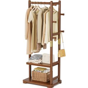 Coat Rack Solid Wood Clothes Rack with 2 Shelves & 4 Hooks for Hanging Clothes Garment Wallets Hats, Clothing Rack Coat Rack Freestanding Hall Tree with Storage for Hallway Bedroom Living Room
