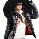 Aofur Womens Ladies Quilted Winter Coat Fur Collar Hooded Down Jacket Parka Outerwear (Large, Black_Black Fur) (Black, L)