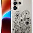 Compatible with Samsung Galaxy S24 Ultra Cases with Design, Cute Transparent Designer Phone Case for Women Girls Girly with Heavy Duty Protective Bumper (Clear Black Simple Flowers)