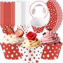 Domensi 100 Pcs Red Heart Cupcake Wrappers Rustic Cupcake Liners Red and White Baking Cups Baking Liners for Mother's Day Wedding Bridal Baby Shower Birthday Tea Party Supplies Dessert Decorations