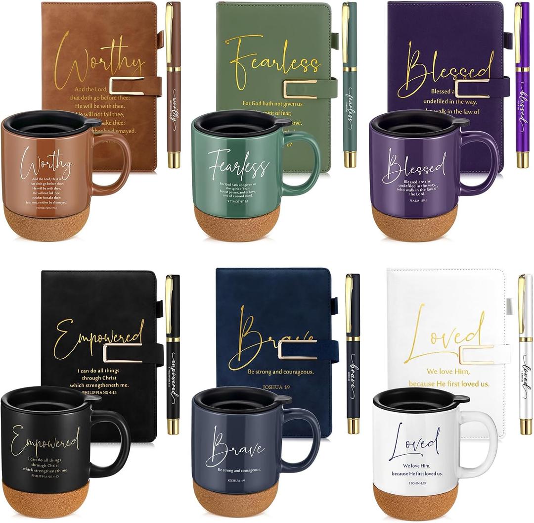 FillTouch 6 Set Mother's Day Christian Gifts for Women,Religious Church Gifts Bulk A5 Christian Journal Notebook 15 oz Bible Verse Ceramic Coffee Mug Pen Set for Office Supplies (Dark Color,Classic)