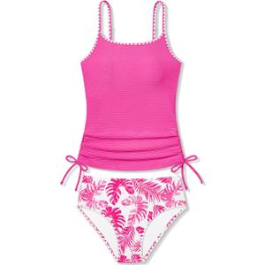 Girls Tankini Swimsuits Size 12-14 Teen Bathing Suits for Girl 12-14 Tropical Pink Leaf Unique Edge Swimwear with Drawstring + Swim Briefs 2 Piece Set