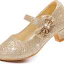 Dufannie Girls Dress Shoes Low Heel Princess Flats Mary Jane Flower Wedding Party Glitter Shoes for Kids Toddler (12 Little Kid, Generous Shimmer Gold)