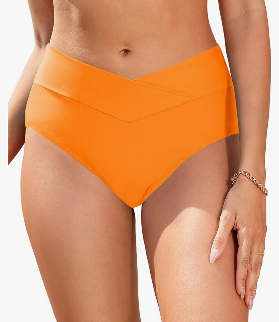 Women V Cut Full Coverage Bikini Bottom - High Waist Swim Bathing Suit Bottoms Cross V Front Swimsuit Orange, Large
