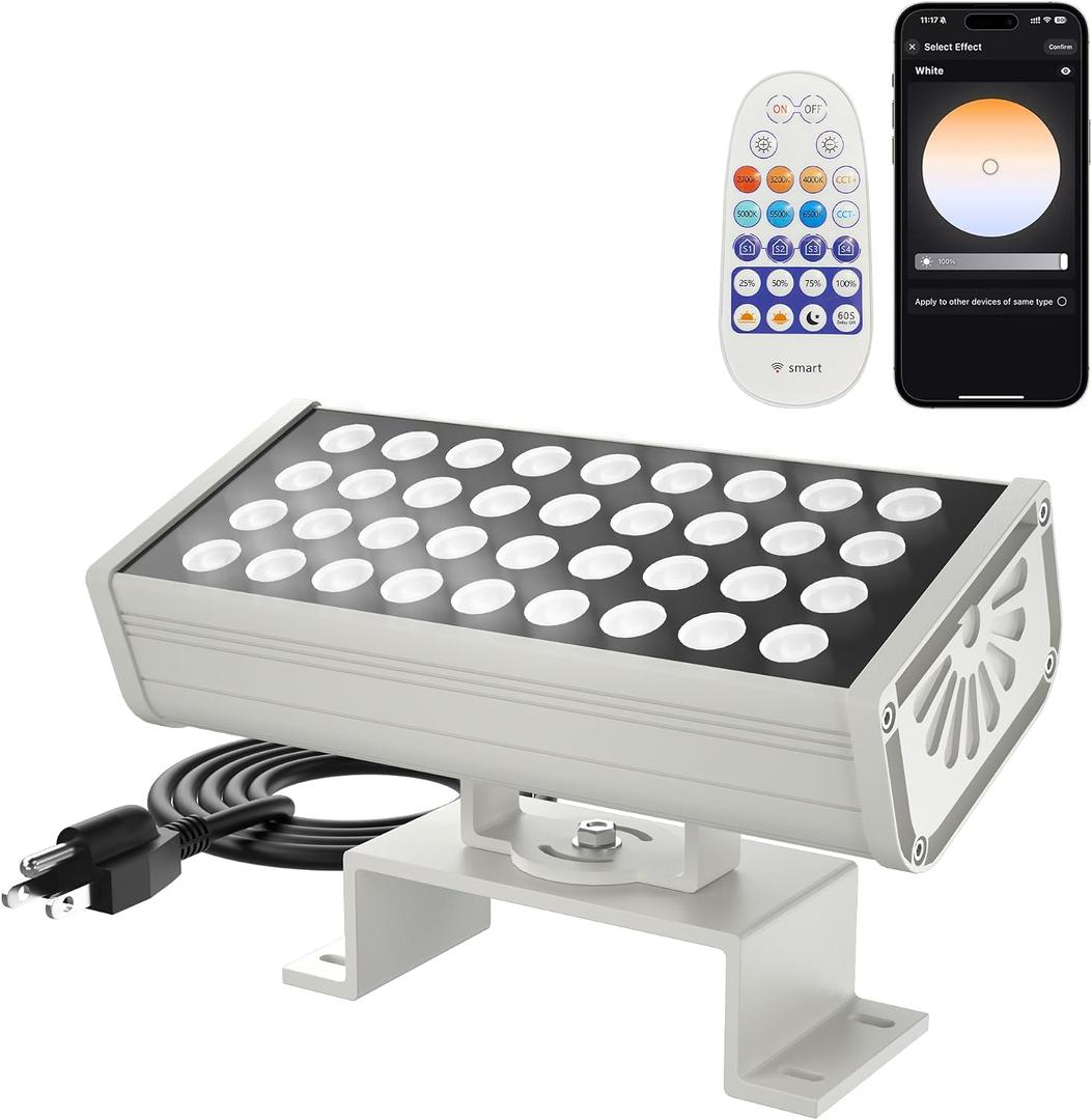 Wall Washer Light Smart LED Landscape Spotlights with 6CCT Adjustable Color Temperature, Dimmable 1%-100%, Waterproof IP65, RF Remote & App Control, Timer Function, Easy Installation, 72W Tunable White