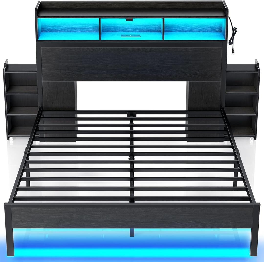 Rolanstar Bed Frame Queen Size with Bookcase Storage Headboard, Slide Out Bedside Storage, Bed with Charging Station & LED Lights, Heavy Duty Metal Slats, No Box Spring Needed, Noise Free, Black