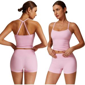 Women 2 Piece Workout Sets (2025 NEW) Yoga Outfit Open Back Tank Top High Waisted Shorts Gym Sets Tracksuits (Large, Pink)