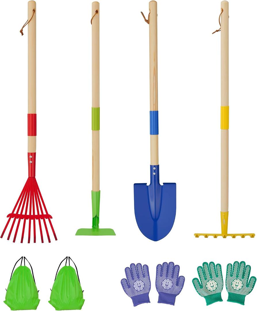 4-Piece Garden Tool Set with Shovel, Rake, Hoe, Leaf Rake - 2 Pairs of Gloves & 2 Storage Bags, Wooden Gardening Tools for Yard & Lawn Care
