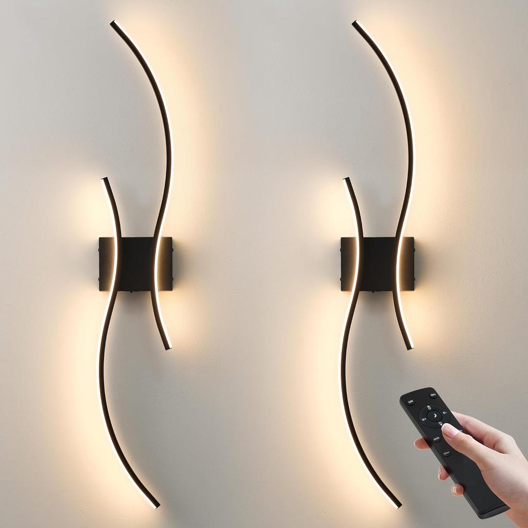Battery Operated Wall Sconces Set of Two with Remote Control, Stepless Colors 3000K-6000K & Dimming, LED Black Wireless Wall Light for Living Room, Hallway, Bedroom, 39.3 Inch (2 Pack)