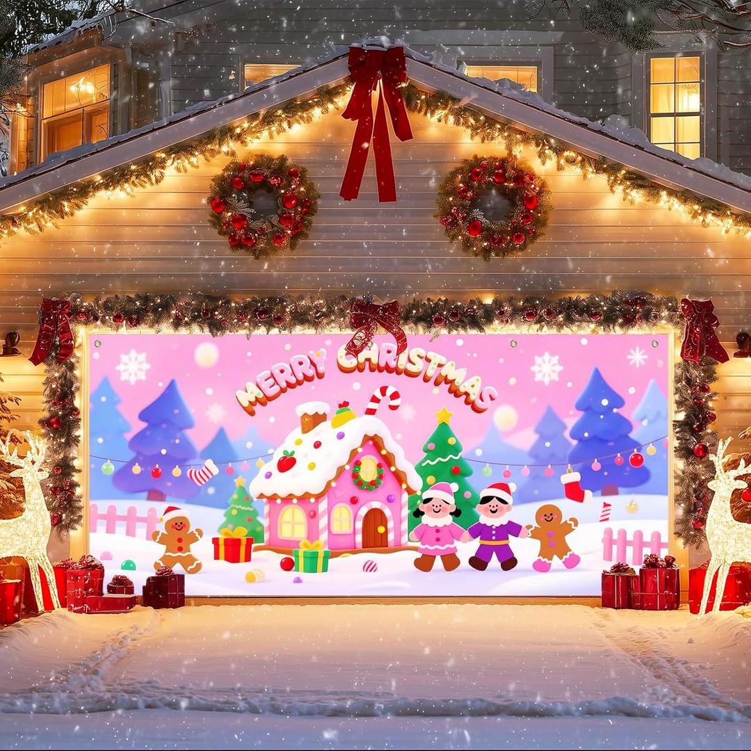 IVN Christmas Garage Door Cover Decoration 13x6ft Gingerbread House Candy Village Pink Snow Scene Merry Christmas Garage Door Banner Home Door Front Yard Decor for Xmas Eve Holiday Outdoor