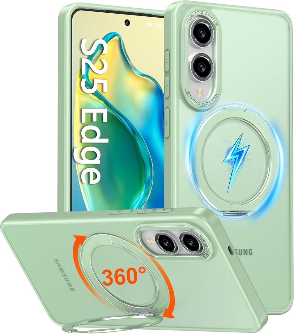 Oneagle 360 Spin Magnetic Stand for Samsung Galaxy S25 Edge Case Translucent [Fit for Magsafe], Matte Slim S25 Edge Phone Case 6.7" with [Rotatable Kickstand Ring] [15FT Mil-Grade Shockproof]-Green