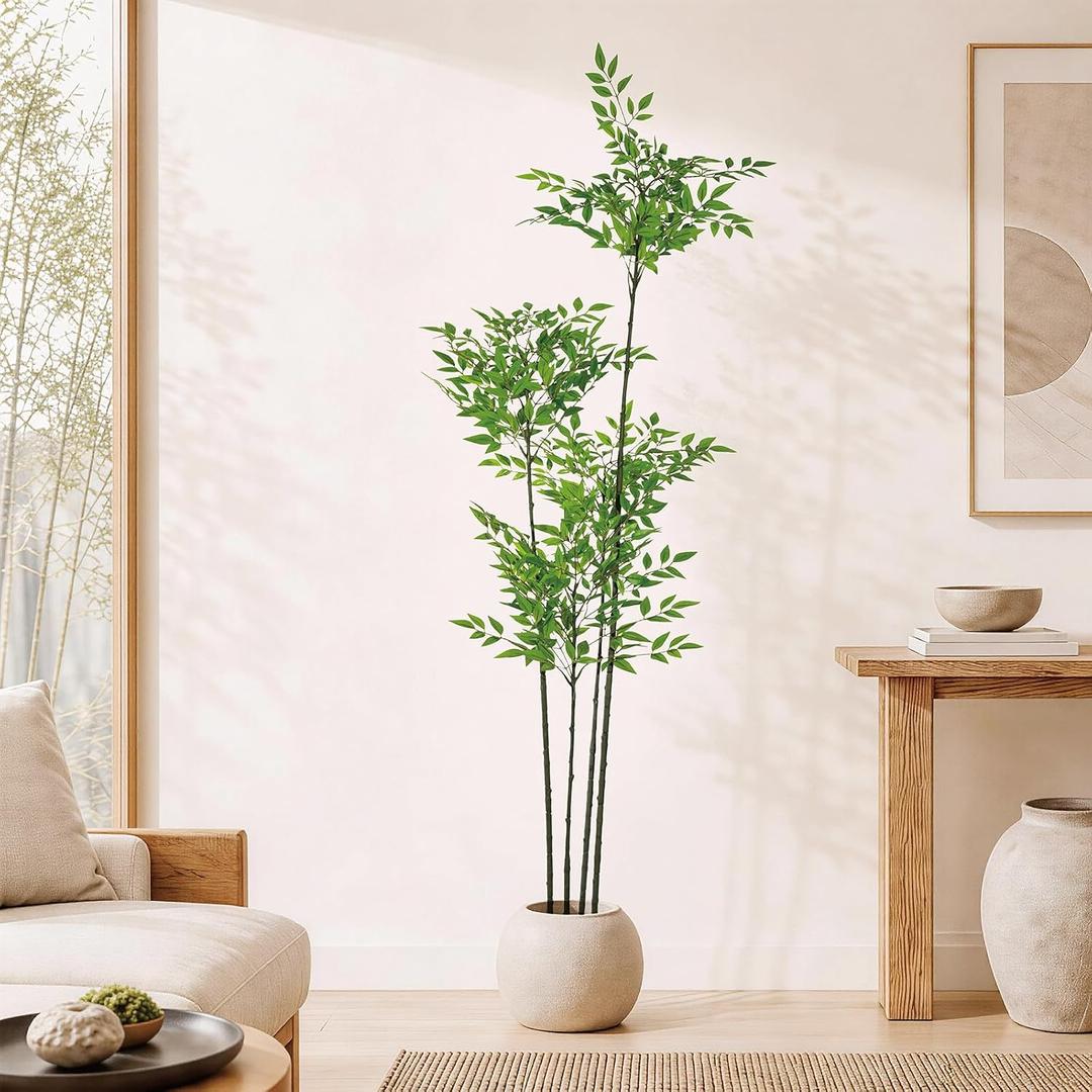 5ft Faux Nandina Domestica, Artificial Bamboo Potted Floor Plant, Realistic Low Maintenance Greenery for Indoor Outdoor Garden Entryway Office Modern Farmhouse