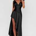 LAGSHIAN Women's Summer V Neck Sleeveless Bodycon Ruched Irregular Hem Cocktail Party Satin Flowy Maxi Dress (Blue, L)