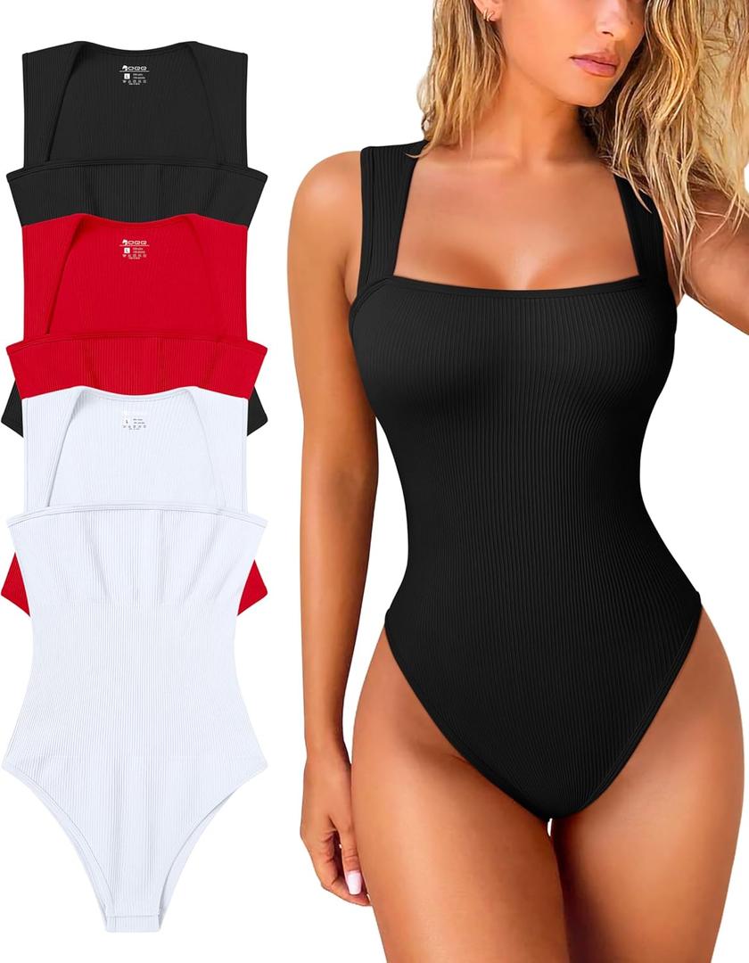 Oqq Women's 3 Piece Bodysuits Sexy Ribbed Strappy Square Neck Sleeveless Tummy Control Tank Tops Bodysuits (Large, Black, Red, White)