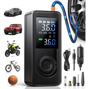 Tire Inflator Portable Air Compressor - 150 PSI 4X Fast Inflation Rechargeable Battery & 12V DC Adapter Powered Air Pump for Car Bike Motorcycle Tires Balls with LCD Display, LED Light (Black)
