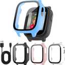 4 Pack Case for Cosmo JrTrack 5 Kids Smart Watch with Tempered Glass Screen Protector, Shockproof Hard PC Bumper, Magnetic USB Charging Cable, Scratch Resistant Protective Cover (Sky Blue/Black/Pink/Clear)