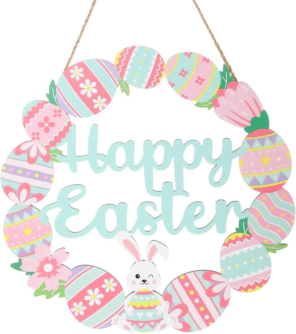 Easter Wreaths for Front Door, Colorful Bunny Eggs Wood Wreath, Wood Easter Decorations for Home, Happy Easters Sign for Indoor Outdoor Decor