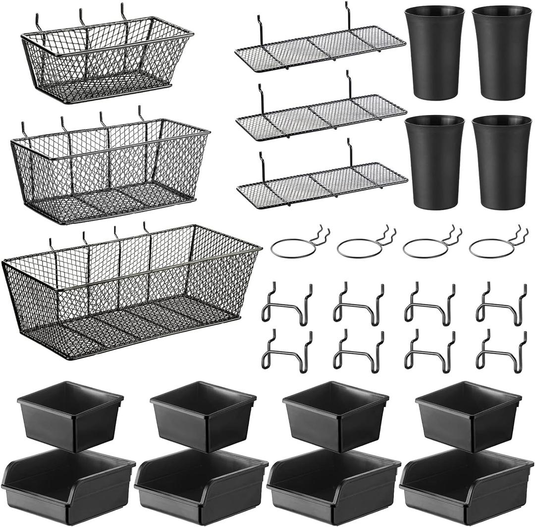 Sieral 30 Pcs Pegboard Organizer Accessories Kit Includes Peg Board Shelving Storage Basket Organizer Bins Hooks Loops Cup with Cup Holder for Garage Room Wall Attachments Tools(Black)
