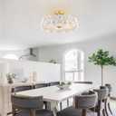 20" Gold Modern Semi Flush Mount Ceiling Light Fixture with Glass & Ceramic Flowers, 5-Light Glass Drum Chandelier for Living Room Dining Room Kitchen Bedroom Bathroom Entryway Hallway Closet Laundry
