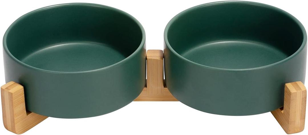 SPUNKYJUNKY Ceramic Dog and Cat Bowl with Wood Stand Non-Slip Matte Glaze Weighted Food Water Set for Cats &Small Dogs 13.5 OZ Green (1.7 CUPS)