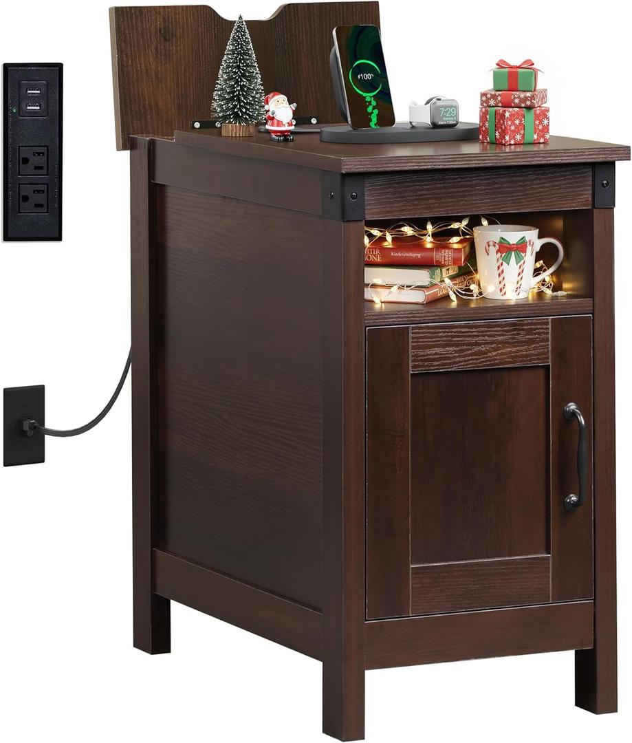 WLIVE End Table with Charging Station, Narrow Side Table for Living Room, Farmhouse Night Stand with Storage, Small Wooden Nightstand with USB Ports and Outlets for Living Room and Bedroom, Brown (Espresso)