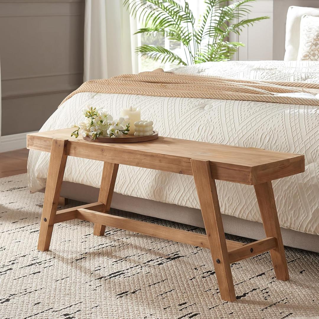 HOKYHOKY Farmhouse Solid Wood Entryway Bench 43.4 Inches Rustic Long Bench, Dining Bench with Angled Legs, Hand-Finished Natural Grain, for Foyer, Hallway, Bedroom