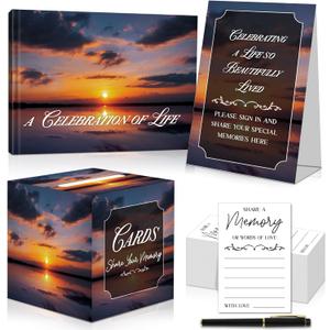 Sunset Funeral Guest Book Set Elegant All-in-One Memorial Guestbook 80 Pages Guest Book for Funeral and Memorial Service Hardcover Register Book with Pen Memory Cards Sign Collection Box Table Sign
