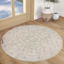 SIILOOM 3' Round Rug Washable Rug for Entryway, Cream Beige Yellow White Grey Soft Non-Slip Area Rugs Distressed Floral Low-Pile Carpet, Neutral Vintage Circle Rugs for Living Room Bedroom Foyer