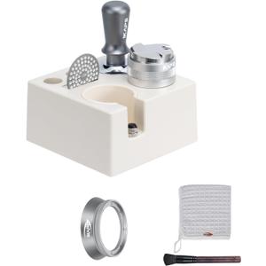 IKAPE 58mm Espresso Tamper Kit Silver 7 IN 1, Coffee Tamper Set comprising a Tamper, Distributor, Magnetic Dosing Funnel, Puck Screen, Station, WDT Tool, along with a Cleaning Towel and Brush