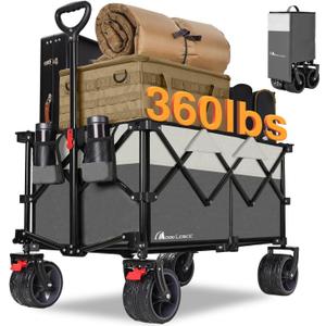 MOON LENCE Collapsible Foldable Wagon Cart, 220L Large Weight Capacity Folding Utility Wagon with All-Terrain Big Wheels, Utility Cart Wagon for Garden, Grocery, Shopping, Camping, Beach, Picnics (Gray & Ivory)