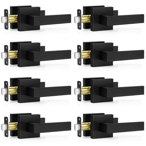 Plustool 8 Pack Matte Black Door Handles, Passage Door Levers for Hallway & Closet, Interior Keyless Door Knobs Heavy Duty Square Non-Locking Handlesets(2.0lb), Reversible for Left & Right Sided Doors