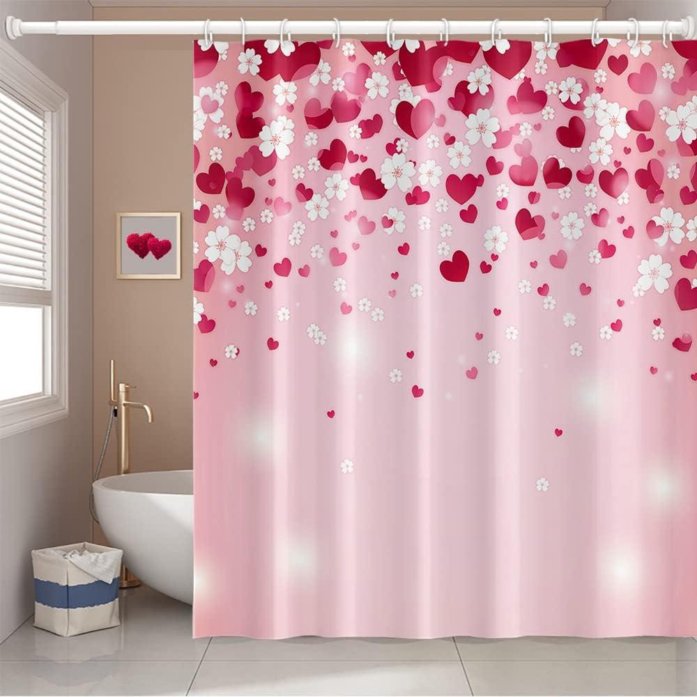 36x72 Inch Happy Valentine's Day Themed Shower Curtain Romantic Red Falling Heart White Cherry Blossom Floral for Bathroom Decor Waterproof Fabric Shower Curtain Sets with Hooks