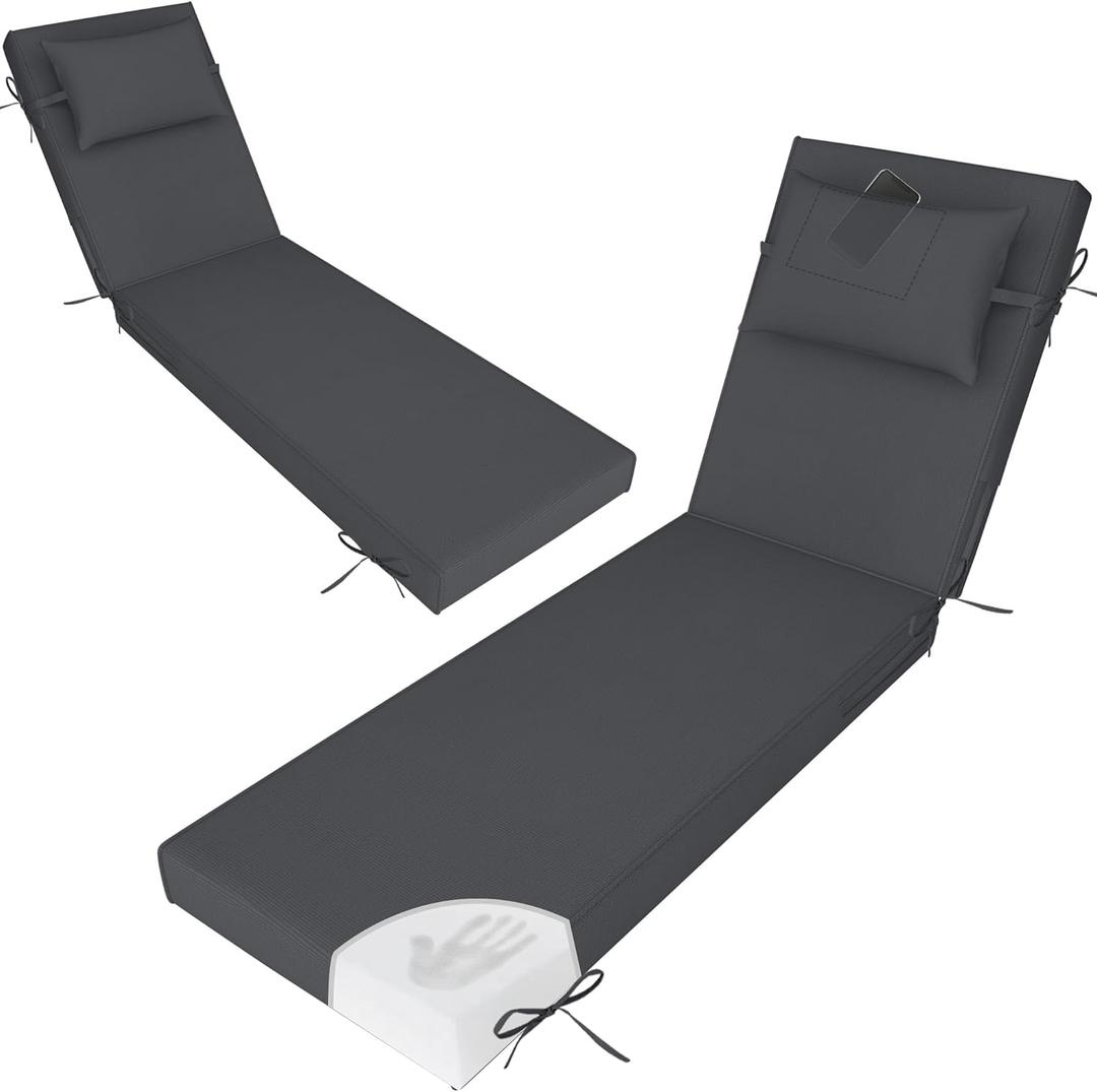 Outdoor Lounge Chair Cushions Set of 2, Pool Chaise Cushion with Pillow,Ties,Removable Cover, Waterproof Fade Resistant Lounge Chair Pads for Patio Deck Furniture, 72" X 21" X 3",Dark Gray