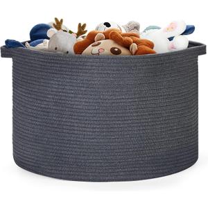 Blanket Basket - 20"x 20"x 13" Cotton Rope Basket for Living Room, Baby Toy Storage Basket, Large Woven Laundry Basket (Gray) (Grey)