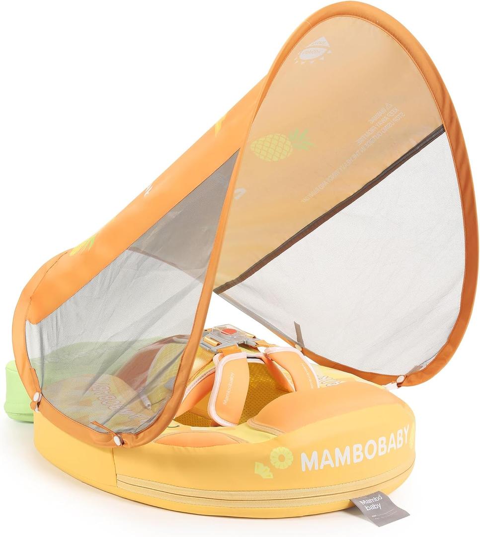 Mambobaby Float Add Tail Baby Swim Float with Canopy Solid Pool Infant Swim Trainer Swimming Training Lying Air Free Water Floats Non-Inflatable Waist Swim Ring for Toddlers (Pineapple), Large