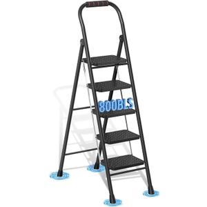 5 Step Ladder, Folding Step Stools with Safe-Lock Design & Handrail, Step Stool Foldable with Anti-Slip Pedal and Feet, Sturdy Steel Ladder for Multi-Purpose, 800lb, Black