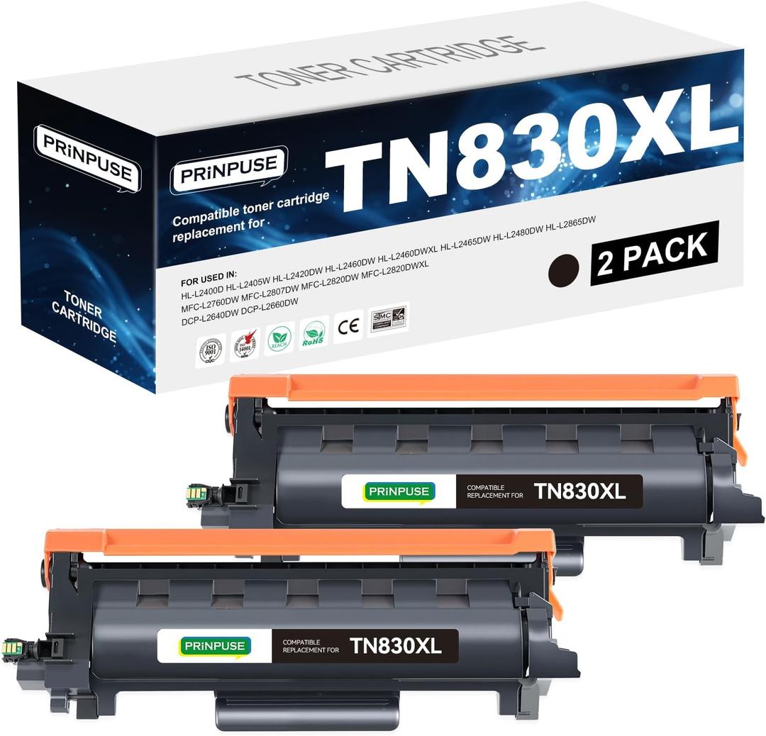 Compatible TN830 Toner Cartridge High Yield Replacement for Brother Toner TN830 TN830XL Work with Brother Printer HL-L2460DW DCP-L2640DW HL-L2480DW HL-L2400D HL-L2405W MFC-L2820DW, 2 Black