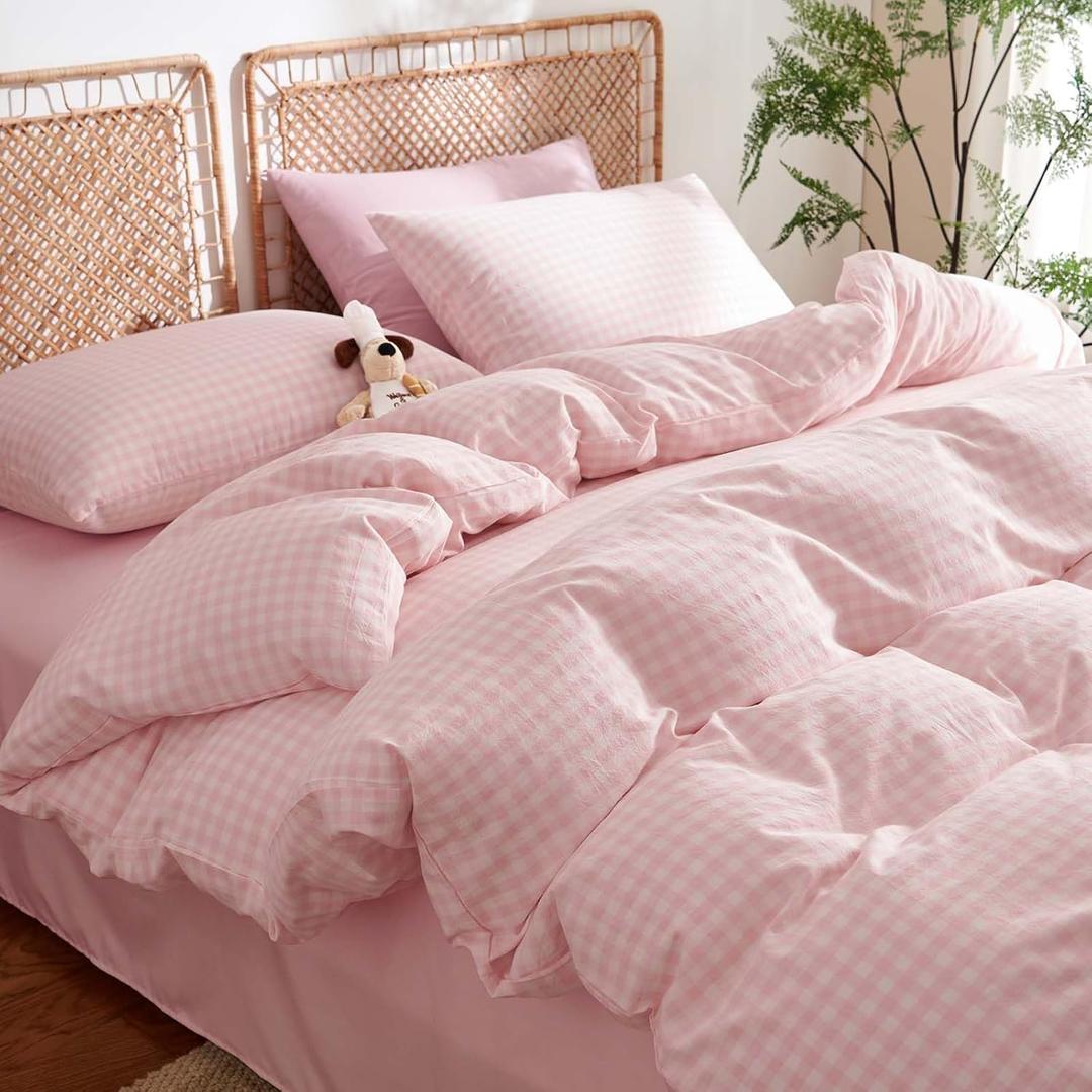 Nayoroom Gingham Duvet Cover Queen Size 100% Washed Cotton Pink Plaid Checkered Comforter Cover 3 Pcs Soft Breathable Grid Farmhouse Dorm Bedding Set for All Seasons