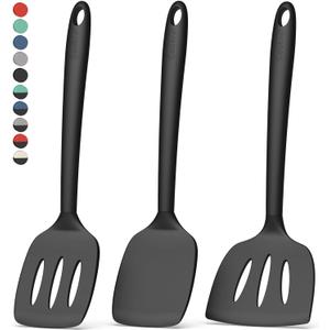 Coukre 3 Pack Silicone Spatula Set, High Heat Resistant, BPA-Free, Fish Spatula, Solid & Slotted Turner for Non-Stick Pans, Flipping Eggs, Pancakes, Fish, Burgers (3, PureBlack)