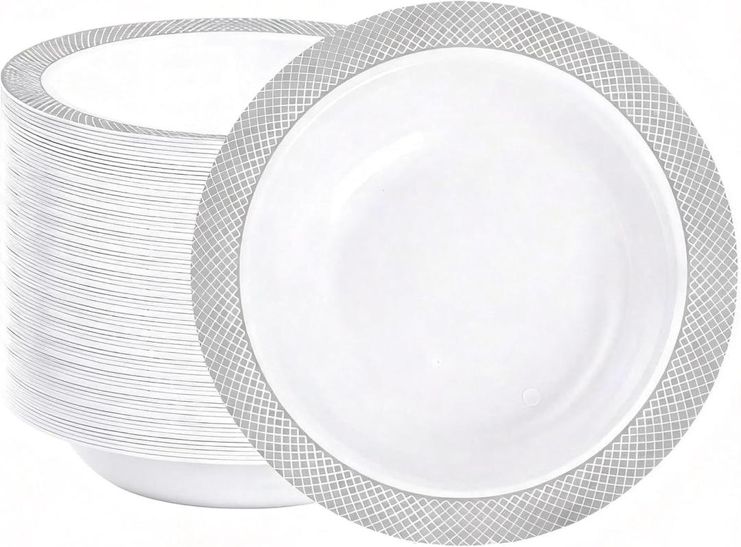 I00000 100 Silver Plastic Bowls,12 OZ White Disposable Bowls,Fancy Plastic Salad Bowl,Premium Heavy Duty Disposable Soup Bowl for Parties,Weddings,Dinners, Catering, Picnics