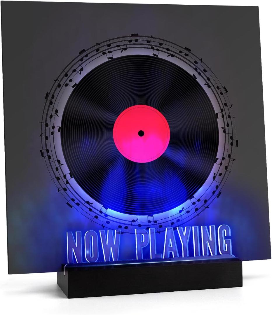 Woodoulogy Now Playing Vinyl Record Stand,Light Up Wooden Album Display Holder with Acrylic Sign, Multi Color LED Now Spinning Hip Hop Record Wood Rack,LP Record Player Accessories Gift