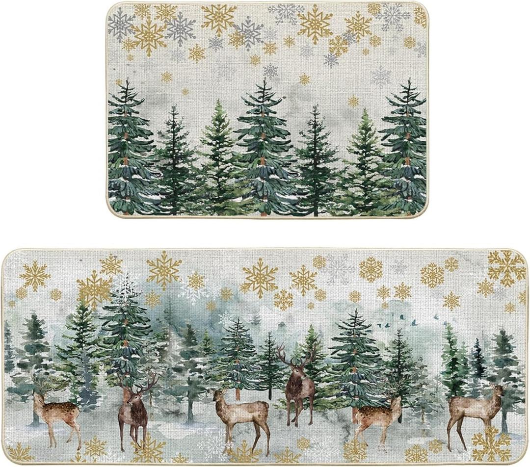 Artoid Mode Xmas Trees Deer Snowflakes Christmas Kitchen Mats Set of 2, Winter Home Decor Low-Profile Kitchen Rugs for Floor - 24x35 and 24x59 Inch (Green)